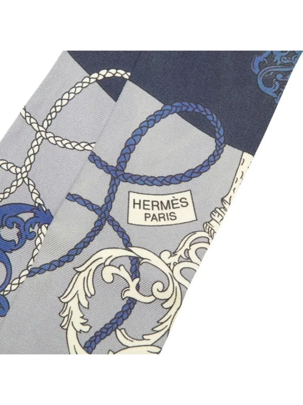 Hermes Twilly Spiral to the Key Tours de Cles Scarf Blue Silk